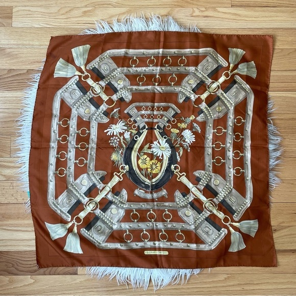 Hermès Vintage Brown Square Aux Champs Equestrian Floral Print Silk Scarf 90cm - Picture 9 of 12